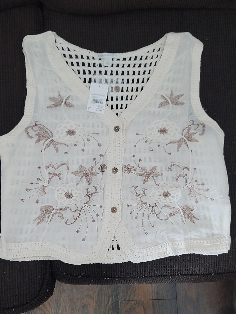 Cato Cream Embroidered Crochet-Trim Button Front Tank